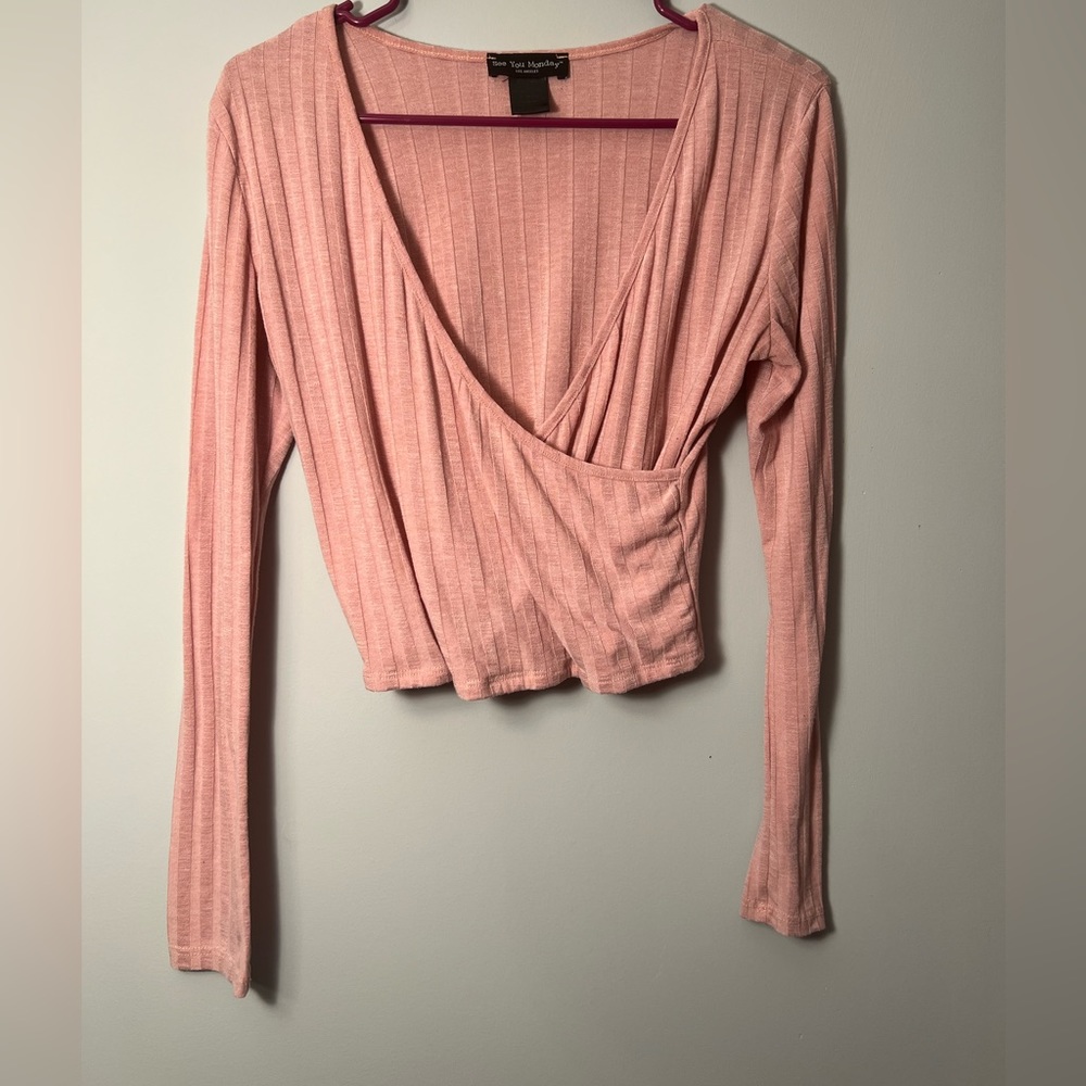 Pink ribbed LS long sleeve top V neck shirt